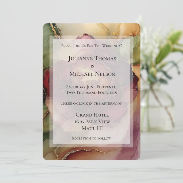 Burgundy Red Gold Rose Floral Wedding Invitation (Standing Front)