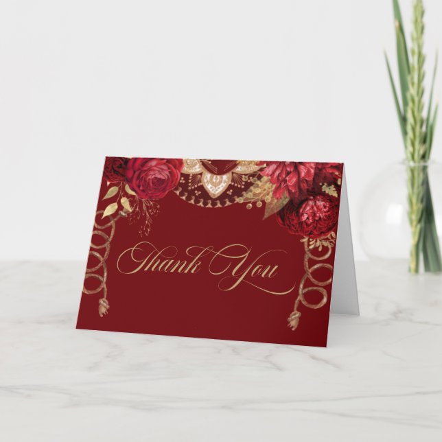 Burgundy Red & Gold Roses Elegant Charro Western   Thank You Card (Front)