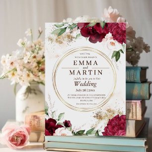 Burgundy Red Gold Roses Flower Elegant Wedding Invitation