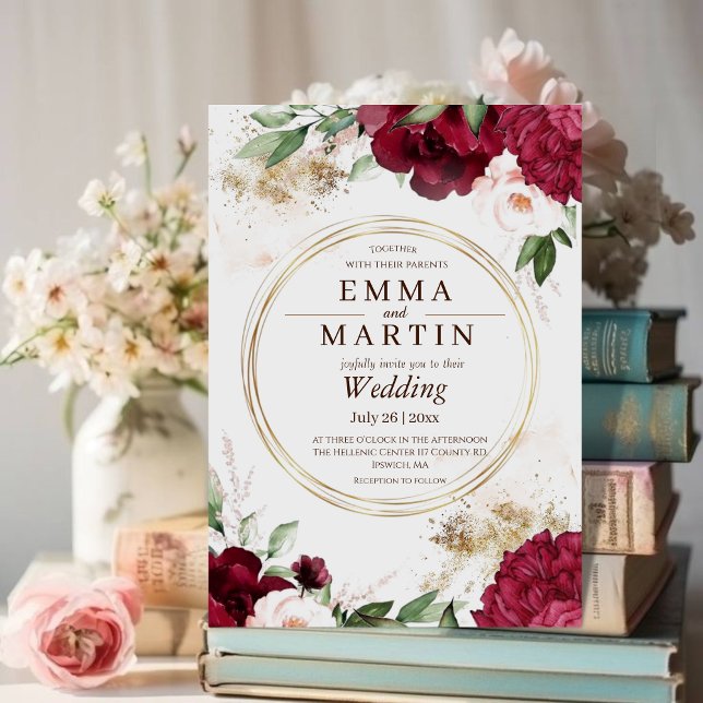  Burgundy Red Gold Roses Flower Elegant Wedding  Invitation (Creator Uploaded)