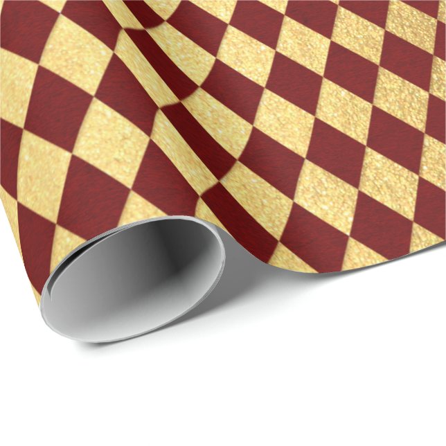 Burgundy Red Gold Royal Chessboard Diamond Cut Wrapping Paper (Roll Corner)