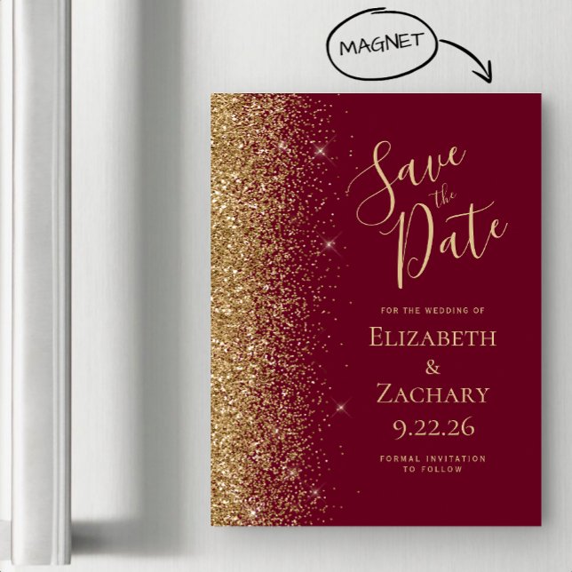 Burgundy Red Gold Save the Date Magnetic Card (Creator Uploaded)