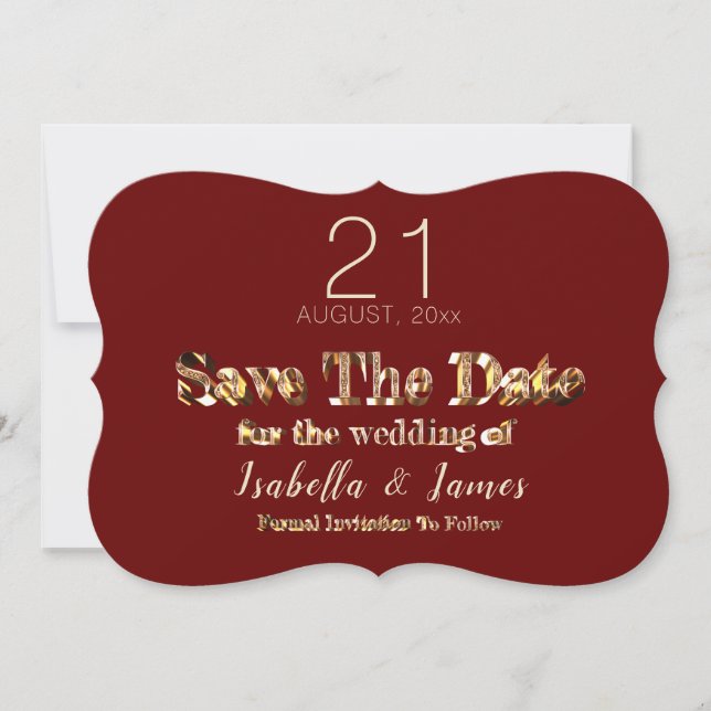 Burgundy Red Gold Script Wedding Save The Date (Front)