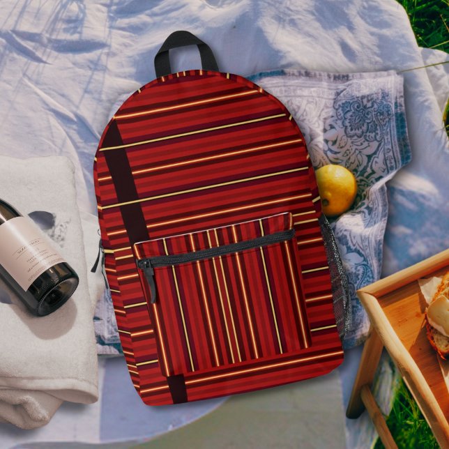 Burgundy Red Gold Stripe Wavne Patter Printed Backpack (Creator Uploaded)