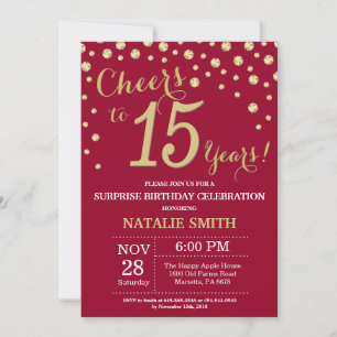 Burgundy Red Gold Surprise 15th Birthday Diamond Invitation