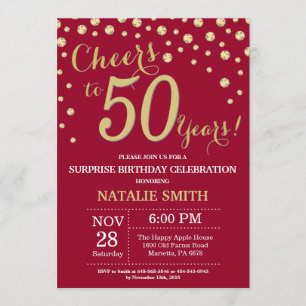 Burgundy Red Gold Surprise 50th Birthday Diamond Invitation