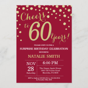 Burgundy Red Gold Surprise 60th Birthday Diamond Invitation