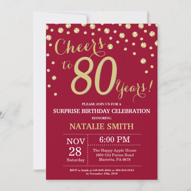 Burgundy Red Gold Surprise 80th Birthday Diamond Invitation (Front)