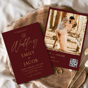 Burgundy Red Gold Wedding QR Code Photo Invitation