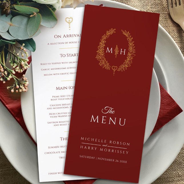 Burgundy red gold white oval monogram wedding menu (Creator Uploaded)
