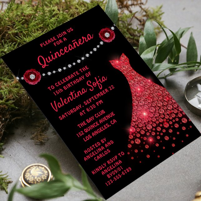 Burgundy Red Gown Diamond Rose Modern Quinceañera Invitation (Creator Uploaded)
