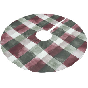 Burgundy Red Green Cream White Plaid Stripes   Brushed Polyester Tree Skirt