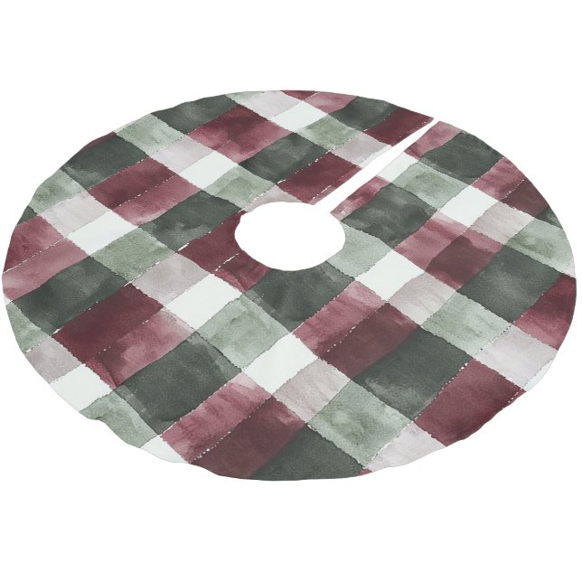 Burgundy Red Green Cream White Plaid Stripes   Brushed Polyester Tree Skirt (Angled)