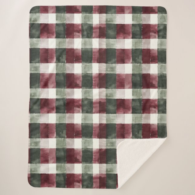 Burgundy Red Green Cream White Plaid Stripes   Sherpa Blanket (Front)