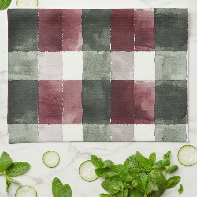 Burgundy Red Green Cream White Plaid Stripes   Tea Towel (Folded)