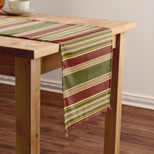 Burgundy Red Green Ochre Yellow Stripes Pattern Long Table Runner (In Situ)
