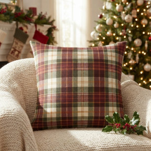 Burgundy Red & Green Traditional Christmas Plaid Cushion