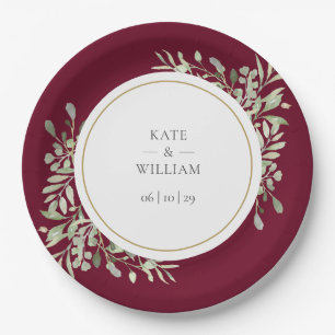 Burgundy Red Greenery Floral Wedding Paper Plate