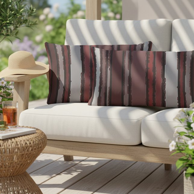 Burgundy Red Grey Mauve Taupe Stripes Pattern Lumbar Cushion (Creator Uploaded)