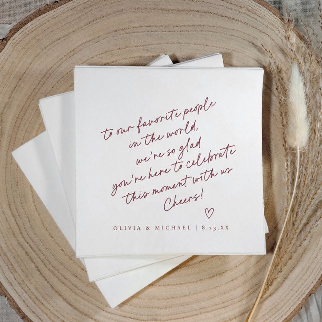 Burgundy Red Handwriting Love Note Style Wedding Napkin (Deep burgundy red love note wedding napkin with handwritten note, heart, and modern script design.)