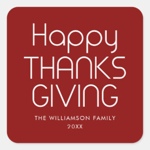 Burgundy Red Happy Thanksgiving Personalised Name Square Sticker