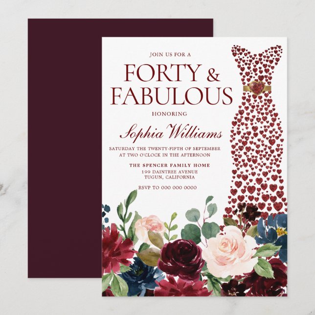 Burgundy Red Heart Dress Floral 40th Birthday Invitation (Front/Back)