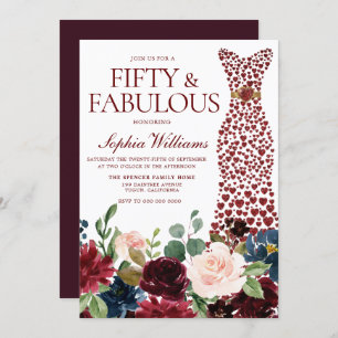 Burgundy Red Heart Dress Floral 50th Birthday Invitation