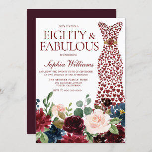 Burgundy Red Heart Dress Floral 80th Birthday Invitation