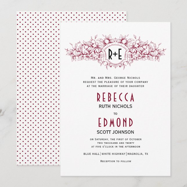 Burgundy red heraldic crest with initials wedding invitation (Front/Back)
