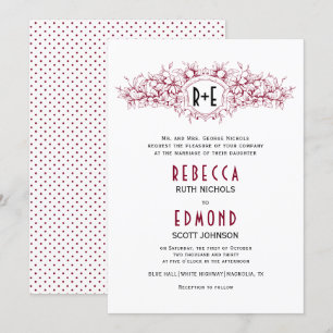 Burgundy red heraldic crest with initials wedding invitation