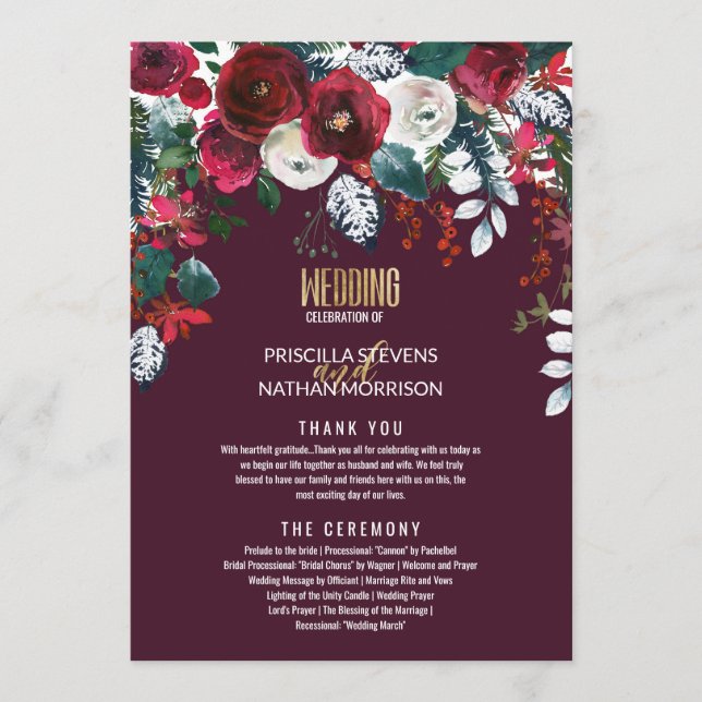 Burgundy Red Ivory Floral Arrangement Gold Wedding Programme (Front)
