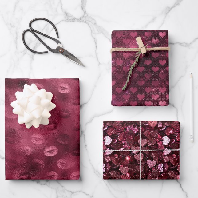 Burgundy Red Kisses Lips Hearts Bridal Shower Love Wrapping Paper Sheet (Front)