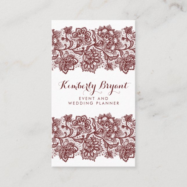Burgundy Red Lace Elegant and Stylish White Business Card (Front)