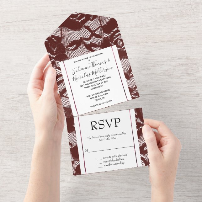 Burgundy Red Lace Floral (not actual lace) All In One Invitation (Tearaway)