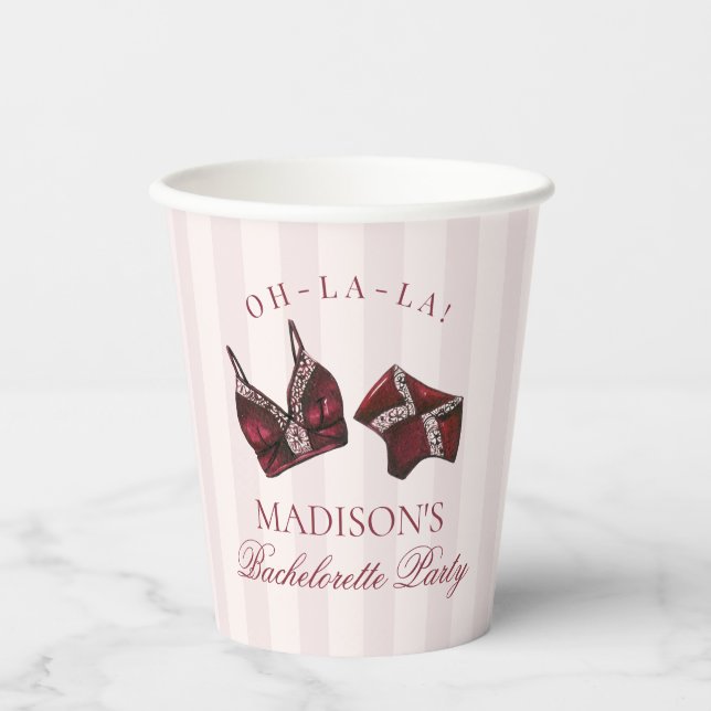 Burgundy Red Lingerie Bachelorette Panty Party Paper Cups (Front)