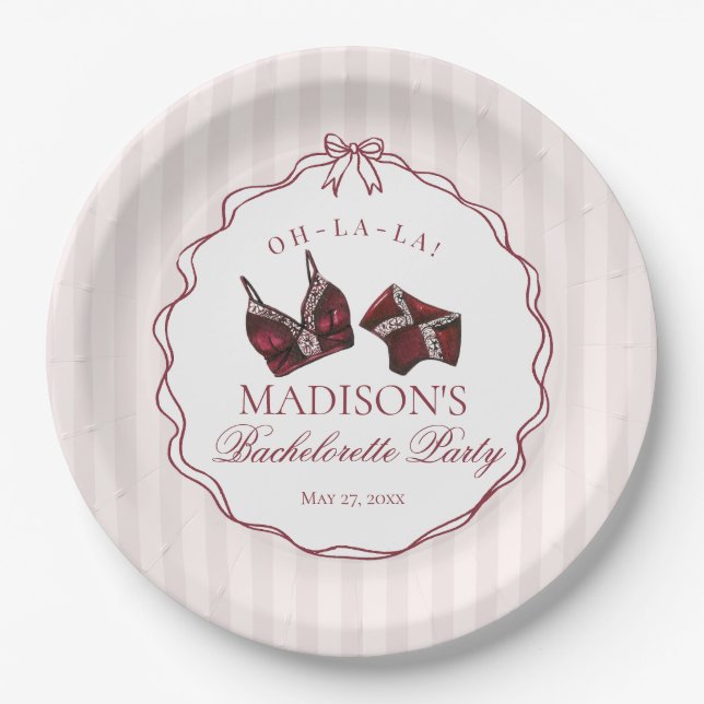 Burgundy Red Lingerie Bachelorette Party Lace Paper Plate (Front)