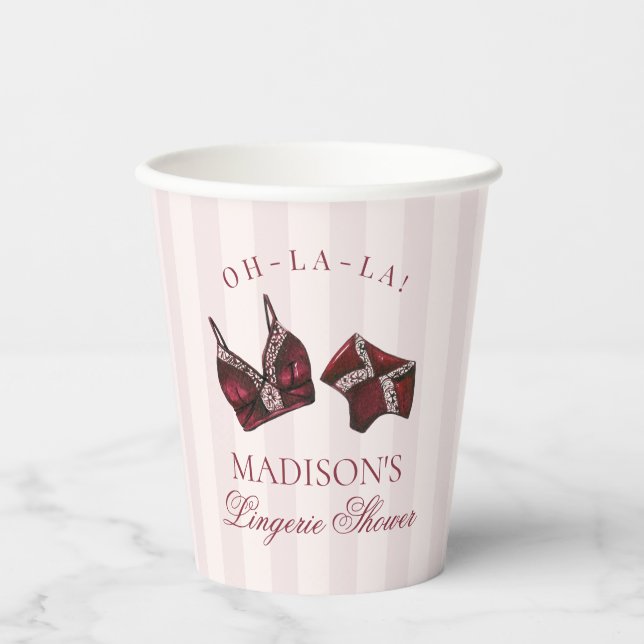 Burgundy Red Lingerie Shower Bachelorette Bridal Paper Cups (Front)