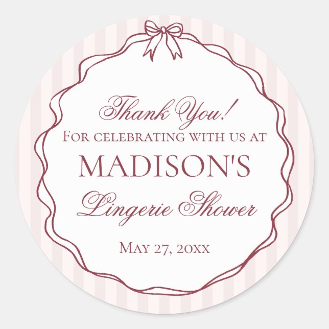 Burgundy Red Lingerie Shower Bachelorette Party Classic Round Sticker (Front)