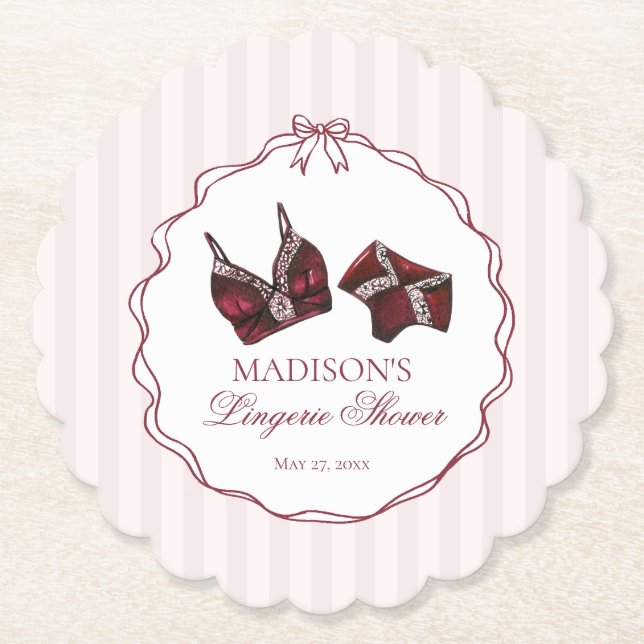 Burgundy Red Lingerie Shower Lace Bachelorette Paper Coaster (Front)