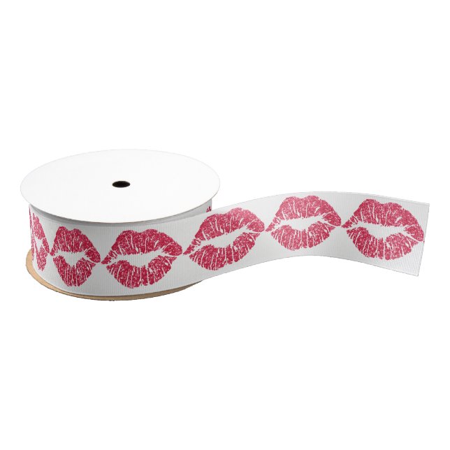 Burgundy Red Lips Kiss White Makeup Beauty Glitter Grosgrain Ribbon (Spool)