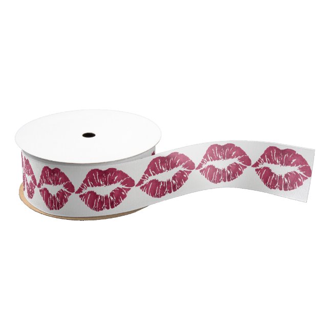 Burgundy Red Lips Kiss White Metallic Favour Gift Grosgrain Ribbon (Spool)