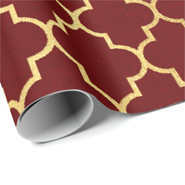 Burgundy Red Maroon Golden Quatrefoil Art Deco Wrapping Paper (Roll Corner)