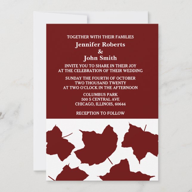 Burgundy Red Maroon Rustic Fall Leaf Boho Wedding Invitation (Front)