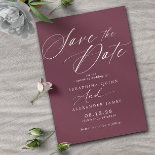 Burgundy Red Maroon Simple Calligraphy Script Save The Date