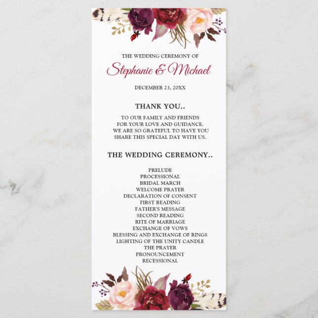 Burgundy Red Marsa Floral Rustic Boho Program card (Front)