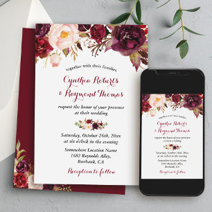 Burgundy Red Marsala Floral Chic Fall Wedding Invitation