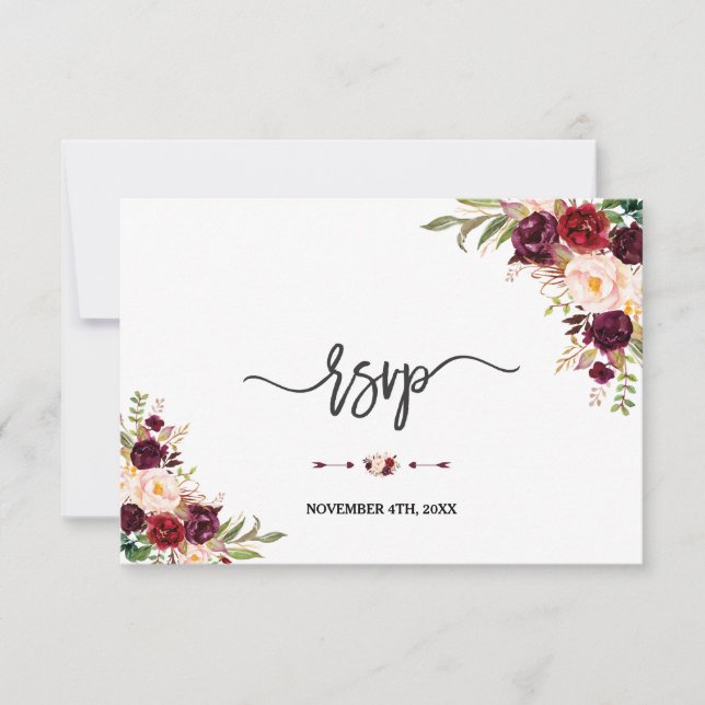 Burgundy Red Marsala Floral Hand Lettering RSVP (Front)