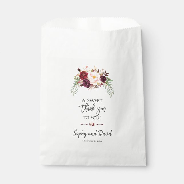 Burgundy Red Marsala Floral Handwriting THANK YOU Favour Bags (Front)