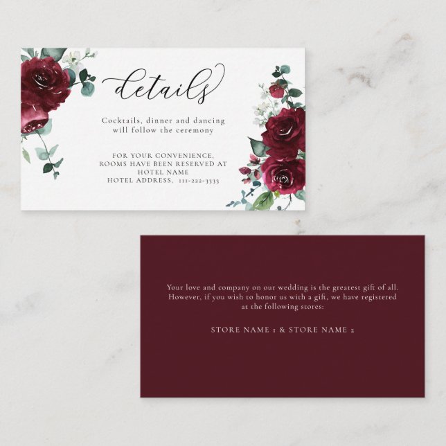 Burgundy Red Marsala Floral Modern Wedding Details Enclosure Card (Front/Back)