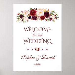 Burgundy Red Marsala Floral Welcome Wedding Sign